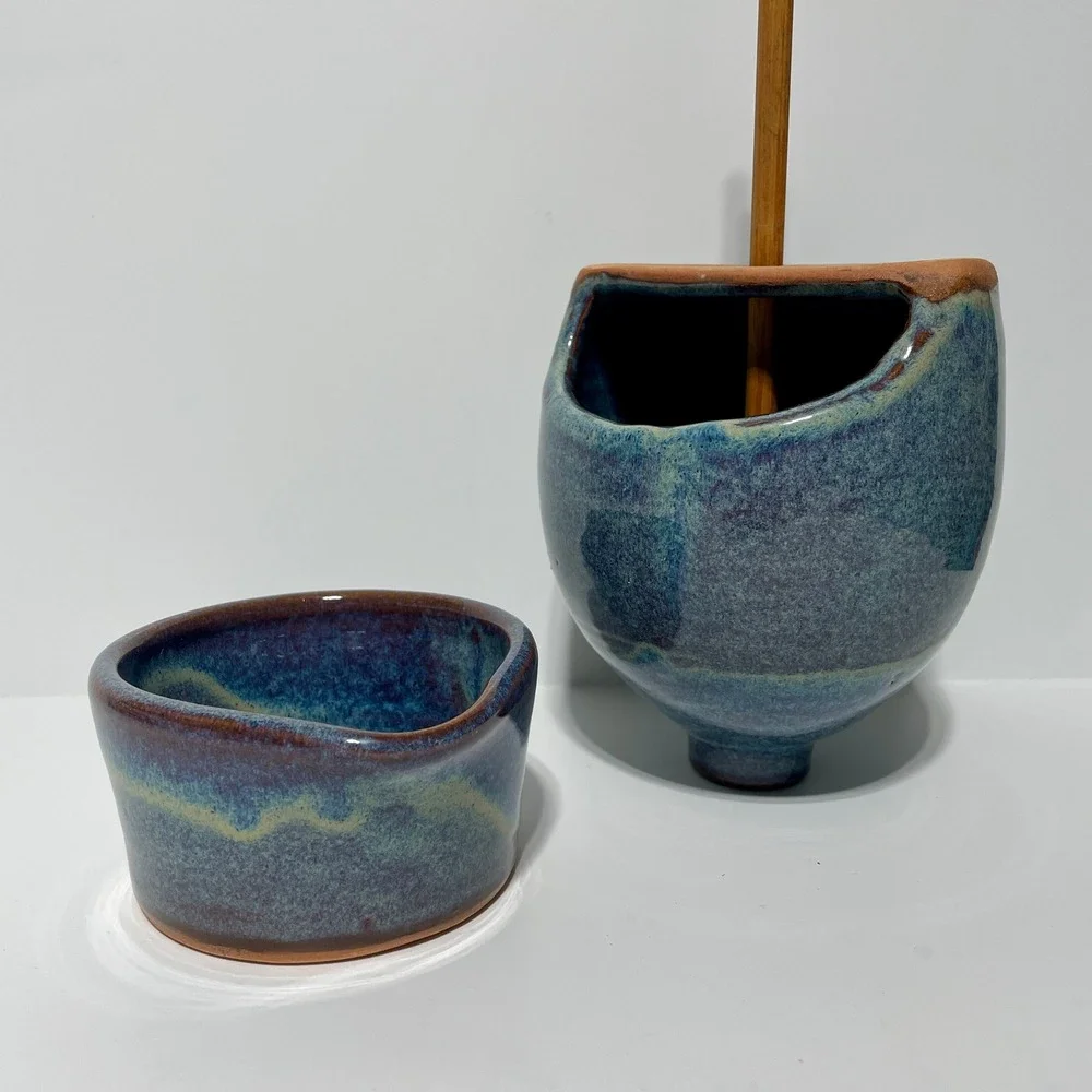 Vintage 1992 Peppertown Pottery Signed Riley Ceramic Hush Puppy Batter Set Blue